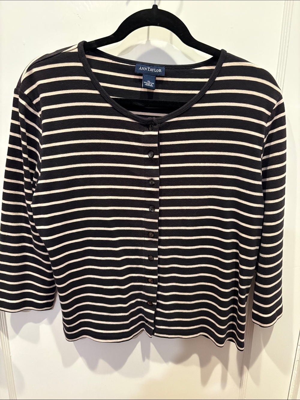 Ann Taylor Black and Cream Striped Button-Front Top BN507